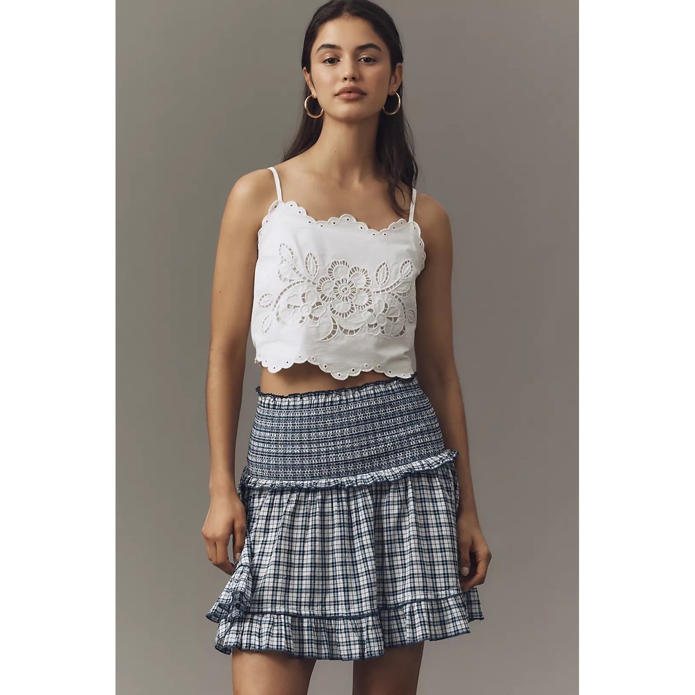 Maeve Anthropologie Plaid Smocked Mini Skirt Blue White Ruffle Tiered XS NEW